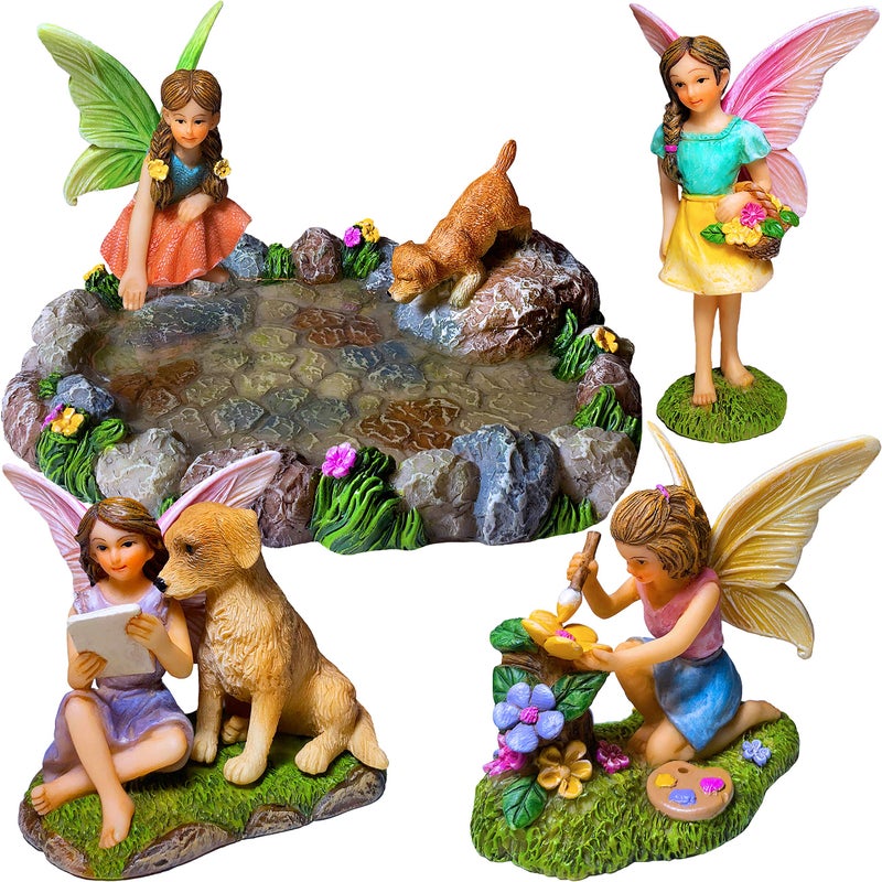 مجموعة بركة صغيرة من Mood Lab Fairy Garden - مجموعة تماثيل وإكسسوارات مكونة من 5 قطع - ديكور خارجي أو منزلي